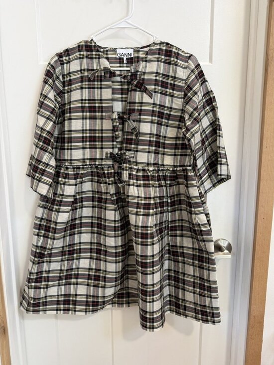 Ganni Dresses & Skirts - GANNI Black White Plaid Seersucker Tie Front Babydoll Dress 40